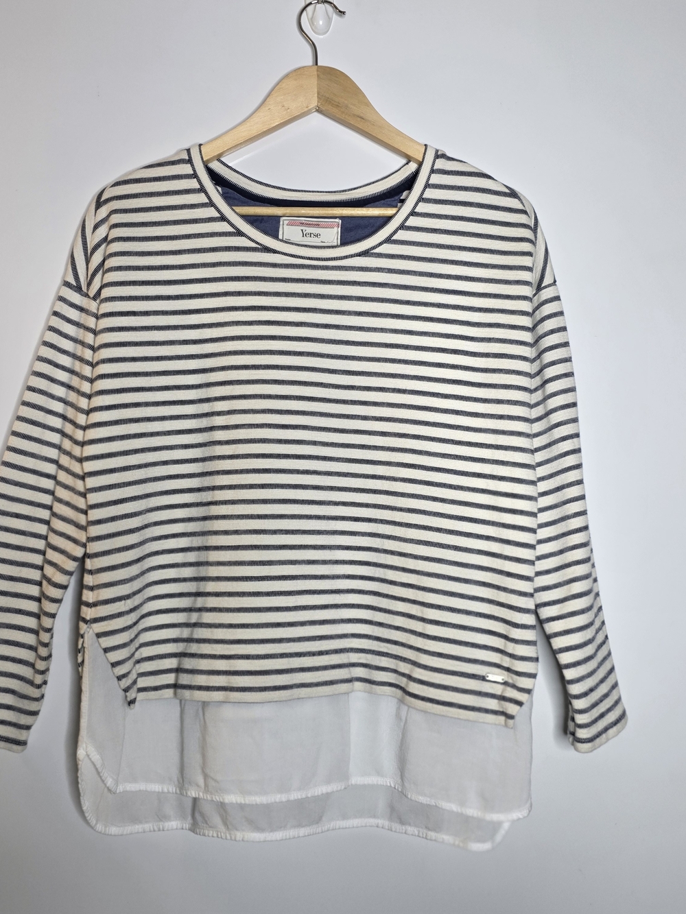 Yerse Striped Mixed Media Layered Top nautical navy and cream/ivory Breton strip